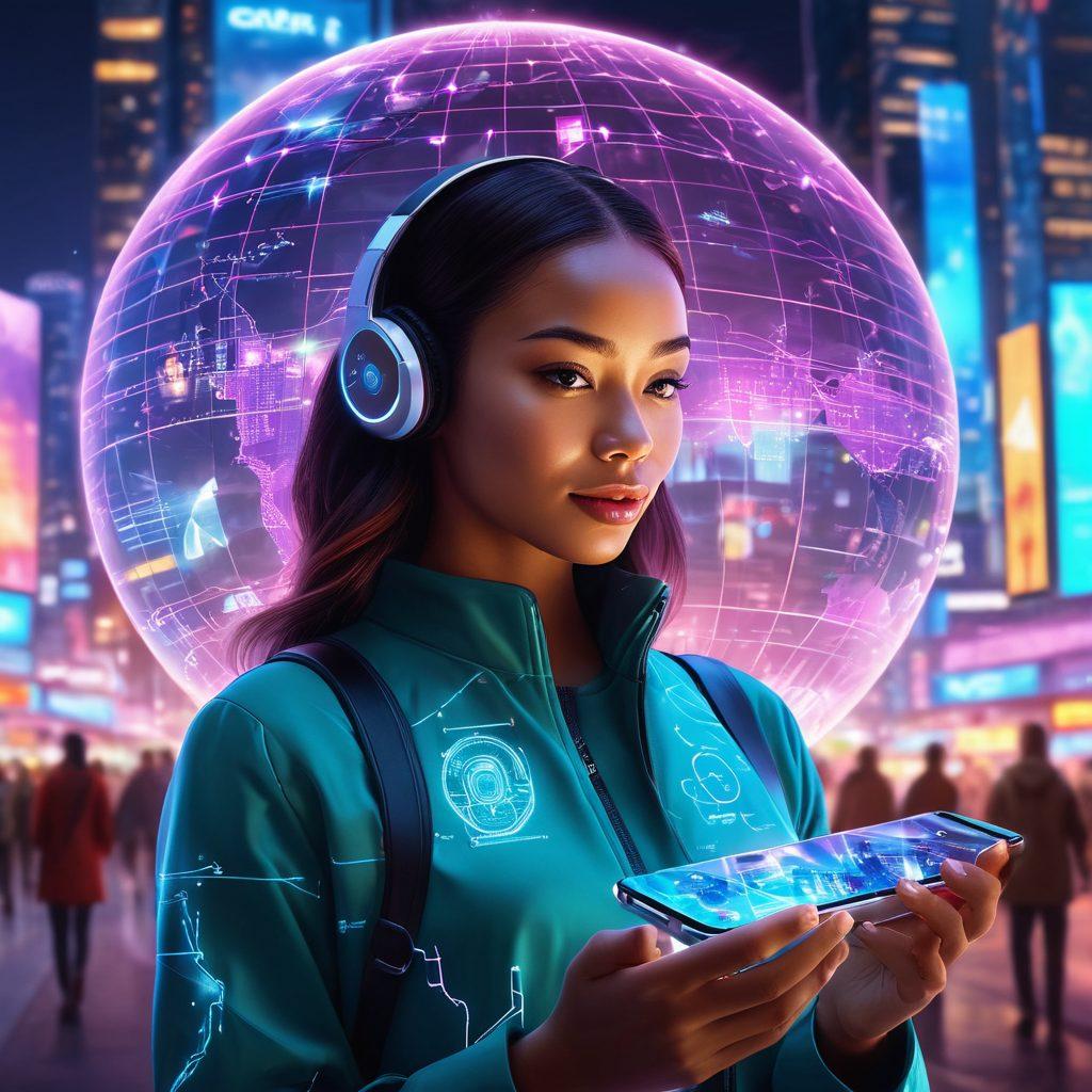 A futuristic smartphone emitting holographic projections of diverse people communicating across the globe. Vibrant cities in the background, showcasing advancements like flying drones and smart billboards. People of various ethnicities are depicted engaging with tech, with connectivity symbols intertwining around them. Bright neon colors to capture the essence of innovation and progress. digital art. vibrant colors.
