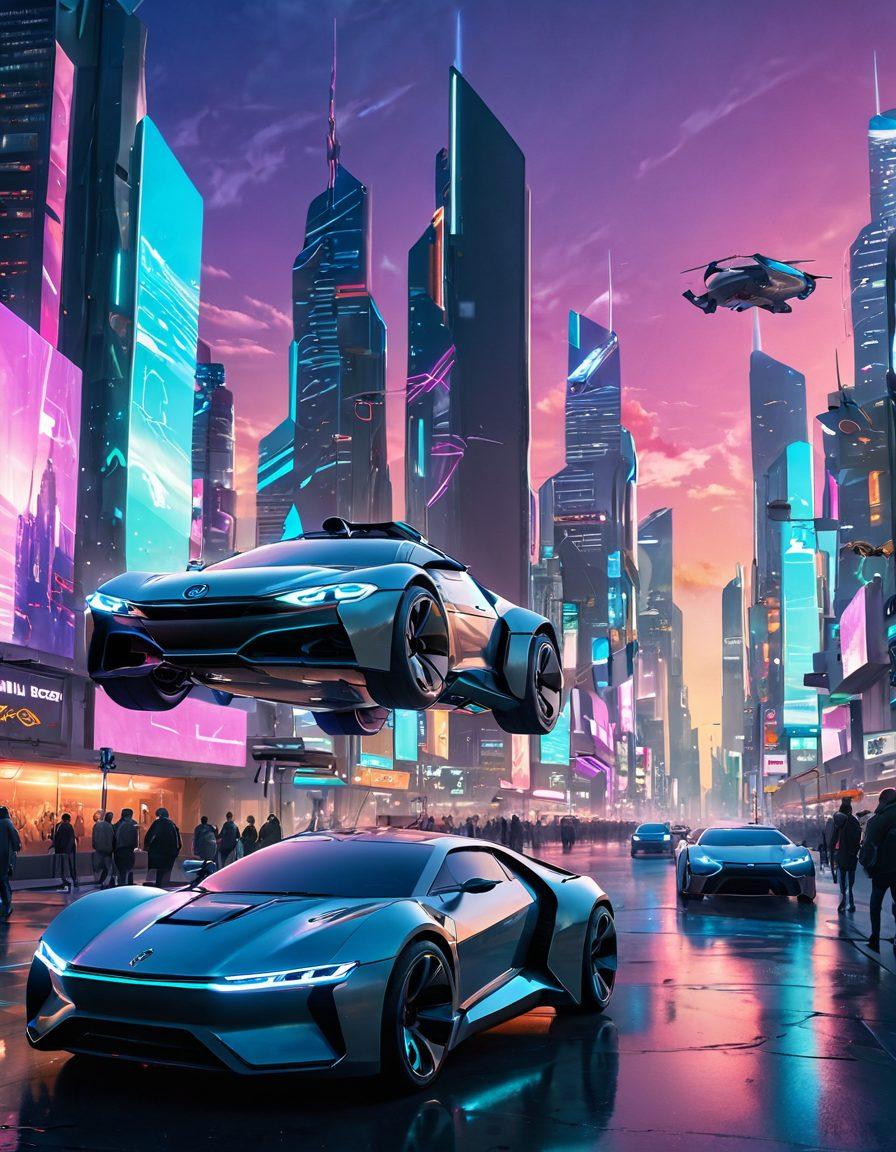 A futuristic city skyline with flying cars, holographic displays showcasing mobile technology innovations, and diverse people interacting with intelligent solutions. Bright, dynamic colors emphasize the advanced technology and optimism of the future. Soft, glowing lighting enhances the sense of possibility and innovation. minimalistic design elements to highlight mobile devices and concepts. cyberpunk, vibrant colors, 3D.