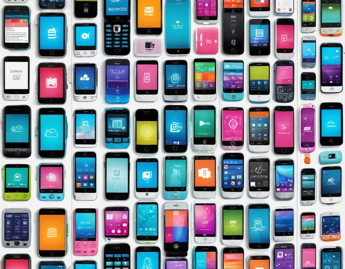 A visually captivating timeline showcasing the evolution of mobile applications, featuring iconic cell phones morphing into sleek modern smartphones, with vibrant app icons representing different eras. Incorporate elements of technology like circuit patterns and cloud symbols, against a backdrop of dynamic digital landscapes. The colors should be vivid and engaging to draw the viewer in. super-realistic. vibrant colors. white background.